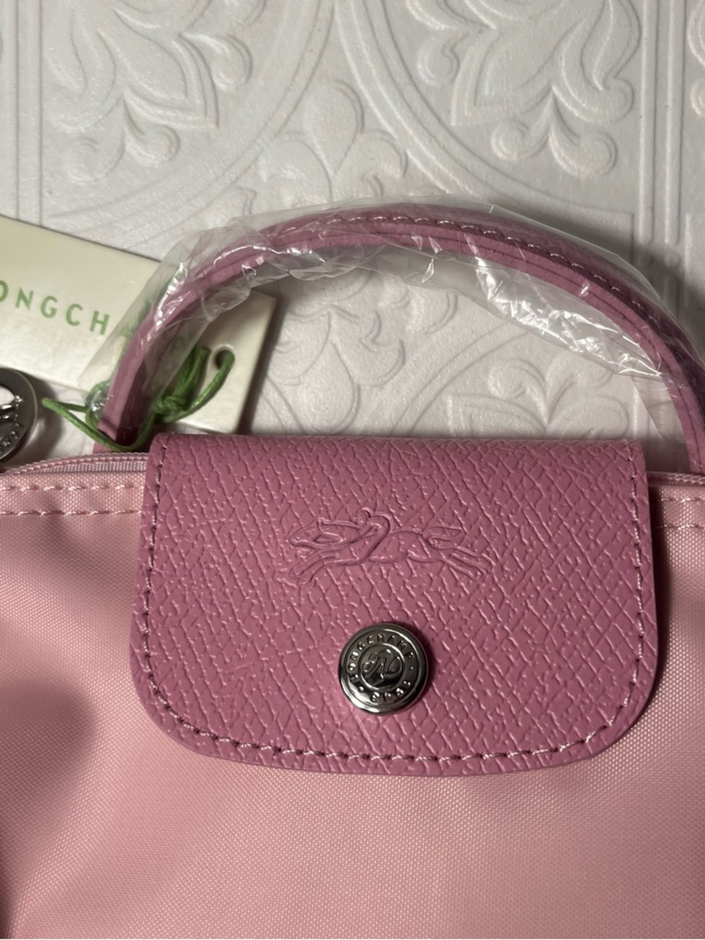 NWT Longchamp LE PLIAGE ORIGINAL POUCH WITH HANDLE Pink Tea Pink Leather Canvas - Picture 6 of 11